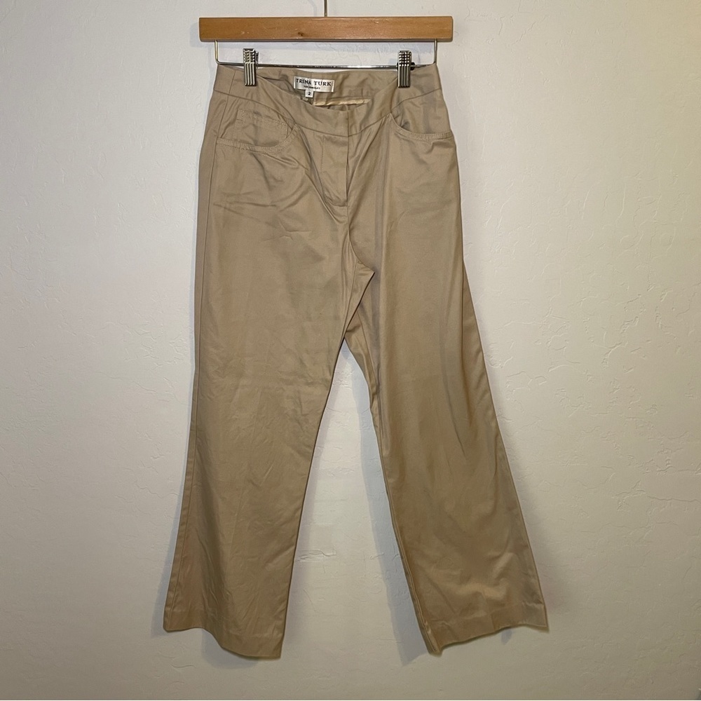 Trina Turk Flat Front Cropped Wide Leg Trousers Tan Khaki Cotton Size 2